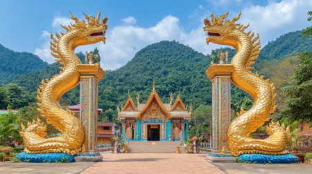 A striking view of a colorful temple flanked by majestic golden serpent statues under a bright blue sky. The serene mountainous backdrop enhances its beauty.の素材