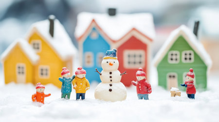A charming winter scene featuring a snowman surrounded by colorful houses and playful children, creating a joyful and festive atmosphere perfect for seasonal celebrations.の素材