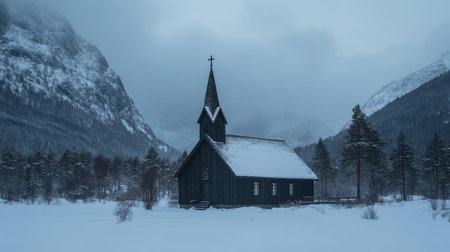 A tranquil winter scene featuring a solitary church nestled in a snowy mountain landscape. The cold environment evokes a sense of calm and isolation.の素材
