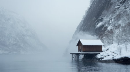 A tranquil winter scene featuring a solitary cabin by a misty lake surrounded by snowy mountains. The clouds create a serene atmosphere, perfect for relaxation.の素材
