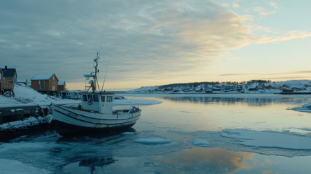 A serene winter morning at a frozen harbor features a calm boat anchored amidst icy waters, offering a peaceful escape into nature's beauty.の素材