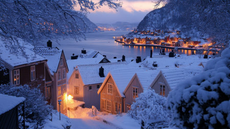 A tranquil winter landscape shows snow-covered houses alongside a scenic harbor. The twilight sky casts a beautiful glow over the peaceful village.の素材
