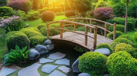 Experience tranquility in this serene garden featuring a bamboo bridge surrounded by lush greenery and colorful shrubs, illuminated by a glowing sunset.の素材