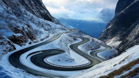 A breathtaking view of a winding road through snowy mountains under a dramatic sky. This image captures the beauty and serenity of winter landscapes.の素材
