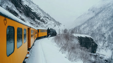 A vibrant yellow train winds through a stunning snowy landscape, showcasing a tranquil winter journey amidst mountains and a secluded atmosphere.の素材