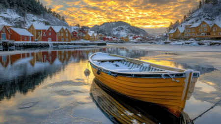 A picturesque winter sunset casting warm colors over a snowy boat and a quaint coastal village, reflecting tranquility and natural beauty in this serene landscape.の素材