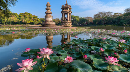 A breathtaking view of pink lotus flowers blooming around ancient temples by a calm lake, showcasing nature's beauty and tranquility in a serene landscape.の素材
