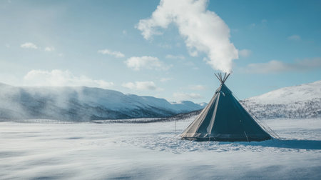 A peaceful winter scene featuring a traditional tent with smoke rising, surrounded by a breathtaking snowy landscape and distant mountains under a sunny blue sky.の素材