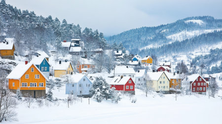 A serene winter scene showcasing colorful houses in a Scandinavian village blanketed in snow. The picturesque landscape features lush trees and distant mountains under a cloudy sky.の素材