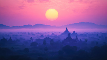 Experience the serene beauty of a sunrise illuminating ancient temples, surrounded by misty landscapes and soft pastel colors. A tranquil escape.の素材