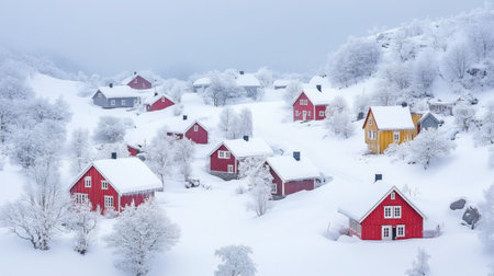 A serene winter landscape featuring colorful houses blanketed in snow. The vibrant red and yellow homes contrast against the pristine white scenery, evoking tranquility.の素材