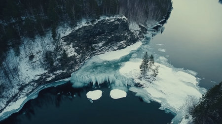 This aerial image captures a breathtaking frozen river surrounded by a tranquil winter landscape. Ice formations and trees create a serene environment.の素材