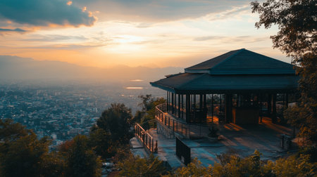 Captivating sunset view from a hilltop viewpoint showcasing a charming building surrounded by nature, overlooking a vibrant city and majestic mountains, offering serenity and beauty.の素材