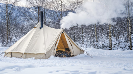 A cozy winter tent emits smoke against a snowy backdrop, offering warmth and shelter in a serene outdoor setting, perfect for winter adventures.の素材