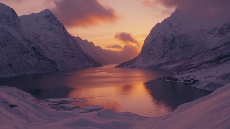 Experience the tranquility of a stunning winter sunset illuminating a fjord surrounded by majestic snow-covered mountains, creating a serene landscape.の素材