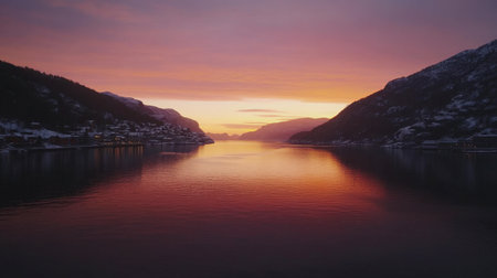 Witness a breathtaking sunset over calm waters surrounded by magnificent mountains, capturing the essence of nature's beauty and tranquility in this stunning landscape.の素材