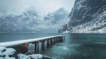 A tranquil winter scene showcasing a snow-covered pier extending into a calm, icy waterway, surrounded by majestic snow-capped mountains under a moody sky.の素材