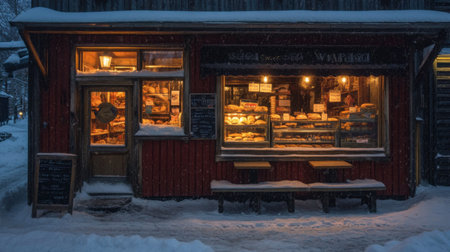 A charming bakery storefront radiating warmth amidst a snowy evening. The inviting window display showcases an array of freshly baked bread and pastries, creating a cozy atmosphere perfect for winter indulgence.の素材