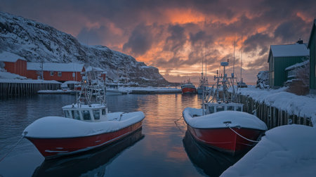 A breathtaking winter sunset paints the sky in orange hues over two fishing boats nestled in a snowy harbor, surrounded by tranquil waters and stunning landscapes.の素材