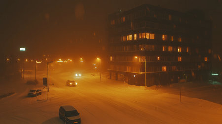 A serene winter night captures a snowy city street enveloped in fog. Glowing lights from buildings and street lamps create a warm contrast in the chilly atmosphere.の素材