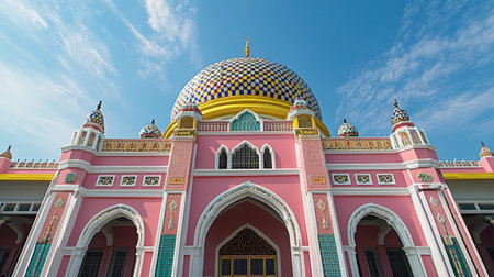 A stunning view of a colorful mosque featuring intricate patterns and a large dome under a bright blue sky, highlighting its architectural beauty and cultural significance.の素材