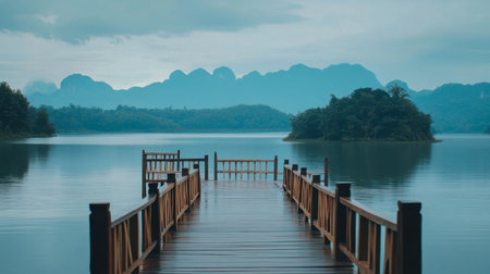 This stunning image captures a wooden dock extending into a serene lake, surrounded by majestic mountains. Ideal for evoking tranquility and adventure.の素材