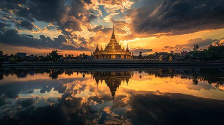 A stunning view of a golden temple reflecting in calm waters at sunset, showcasing vibrant colors and serene skies against a historic landscape in Thailand.の素材