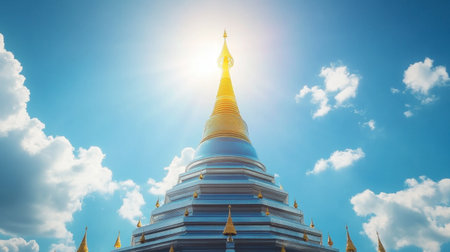 A stunning view of a Buddhist stupa reaching towards the bright sky, showcasing intricate architecture and golden accents. A symbol of spirituality and peace.の素材