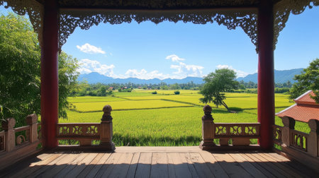 A stunning view of expansive rice fields embraced by mountains under a clear blue sky, showcasing nature's serene beauty and tranquility in rural landscapes.の素材