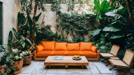 A vibrant outdoor living area featuring a cozy orange couch surrounded by lush green plants. This inviting space is perfect for relaxation and leisure.の素材