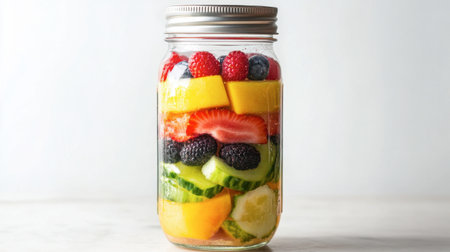A vibrant jar filled with an assortment of fresh fruits, including berries, mango, and cucumber, perfect for healthy snacking or vibrant meal prep ideas.の素材