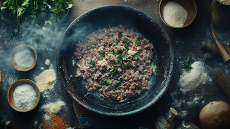 A top view of freshly prepared ground meat with herbs and spices in a rustic kitchen setting. The image captures the essence of culinary preparation.の素材