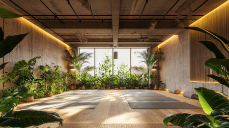 Bright and airy yoga studio featuring natural light, wooden flooring, and lush greenery. Ideal for relaxation, meditation, and wellness practices in a serene environment.の素材