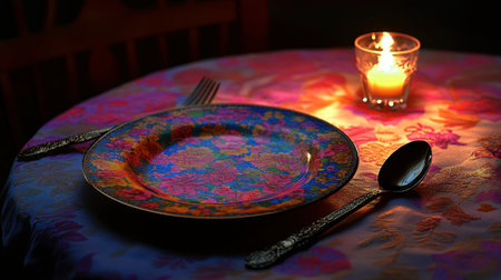 A beautifully arranged dining setting featuring a colorful floral plate, silverware, and a glowing candle, creating a warm and inviting atmosphere perfect for an intimate meal.の素材