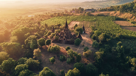 An aerial perspective captures an ancient temple set amidst a lush green landscape, showcasing serene beauty and historic architecture bathed in warm sunlight.の素材