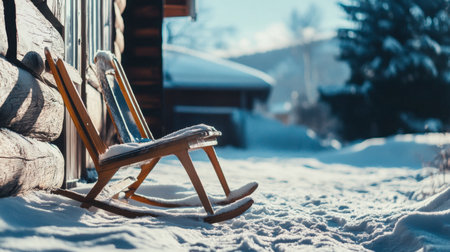 A cozy wooden rocking chair rests on a snowy ground beside a charming log cabin, capturing the essence of winter tranquility and rustic beauty.の素材