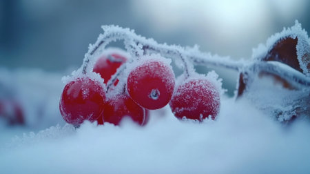 Close-up view of vibrant red berries covered in frost, resting on a branch in soft snow. This serene winter scene captures the beauty of nature in cold weather.の素材