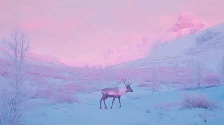 A majestic reindeer stands gracefully in a tranquil winter landscape at dawn. The soft pastel colors of the sky create an ethereal atmosphere, enhancing the serene beauty of nature.の素材