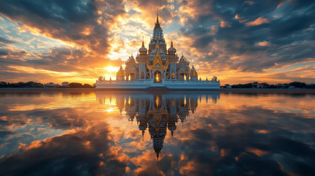 A breathtaking temple reflects beautifully in tranquil waters during a vibrant sunset, showcasing stunning architecture against a colorful sky.の素材