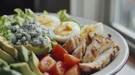 A vibrant and healthy salad featuring sliced avocado, grilled chicken, hard-boiled eggs, and fresh tomatoes. Perfect for a nutritious meal.の素材