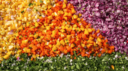 A vibrant display of freshly chopped vegetables including bell peppers, onions, and cilantro, perfect for healthy meal prep and culinary inspiration.の素材
