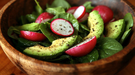 A vibrant spinach salad featuring fresh radishes and avocado slices, seasoned with black pepper. Perfect for a healthy meal or side dish. Enjoy the colors and flavors!の素材