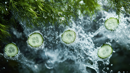 Fresh cucumber slices create stunning splashes in clear water, surrounded by greenery. This image captures freshness and vitality, ideal for health-related themes.の素材
