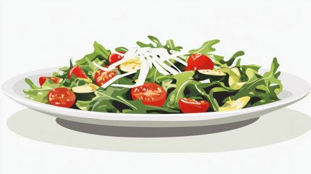 A vibrant salad featuring fresh greens, cherry tomatoes, and garnished with white cheese. This nutritious dish offers a colorful and healthy meal option. Perfect for any dining occasion.の素材