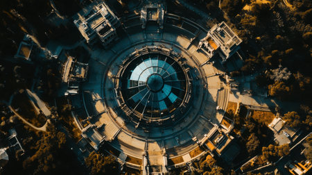 Stunning aerial view of a circular park structure adorned with lush greenery, offering a peaceful and vibrant urban oasis for relaxation and recreation.の素材