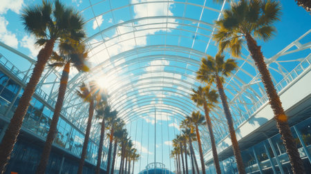 A stunning view within a bright atrium featuring tall palm trees under a glass canopy, with vibrant sunlight filtering through a clear blue sky.の素材