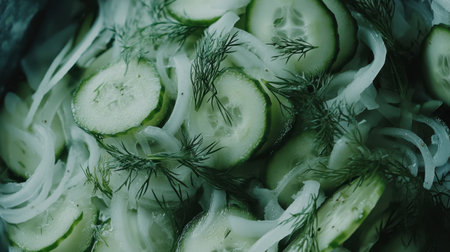 A close-up view of freshly sliced cucumbers and onions garnished with sprigs of fragrant dill. This vibrant and fresh arrangement is perfect for salads or healthy dishes.の素材