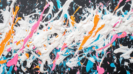 A vibrant abstract artwork featuring bold splashes and drips of paint on a dark background, showcasing creativity and dynamic movement in a playful composition.の素材
