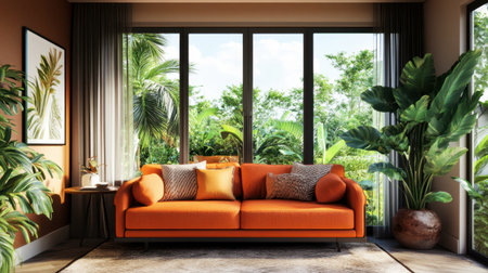 A vibrant living room featuring an eye-catching orange sofa, lush plants, and large windows that offer a scenic greenery view, creating a cozy and inviting space.の素材