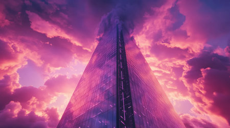 A striking perspective of a towering structure surrounded by vibrant, colorful clouds at sunset, showcasing the beauty of modern architecture in an urban landscape.の素材